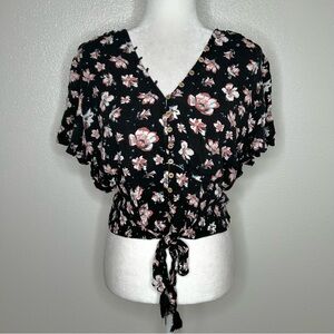 American Rag Juniors Floral Boho V-Neck Tie Front Button-Up Top Size XL